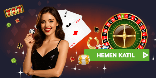 elinde çip tutan kadın ve casino elementleri yer alan hemen katıl butonu